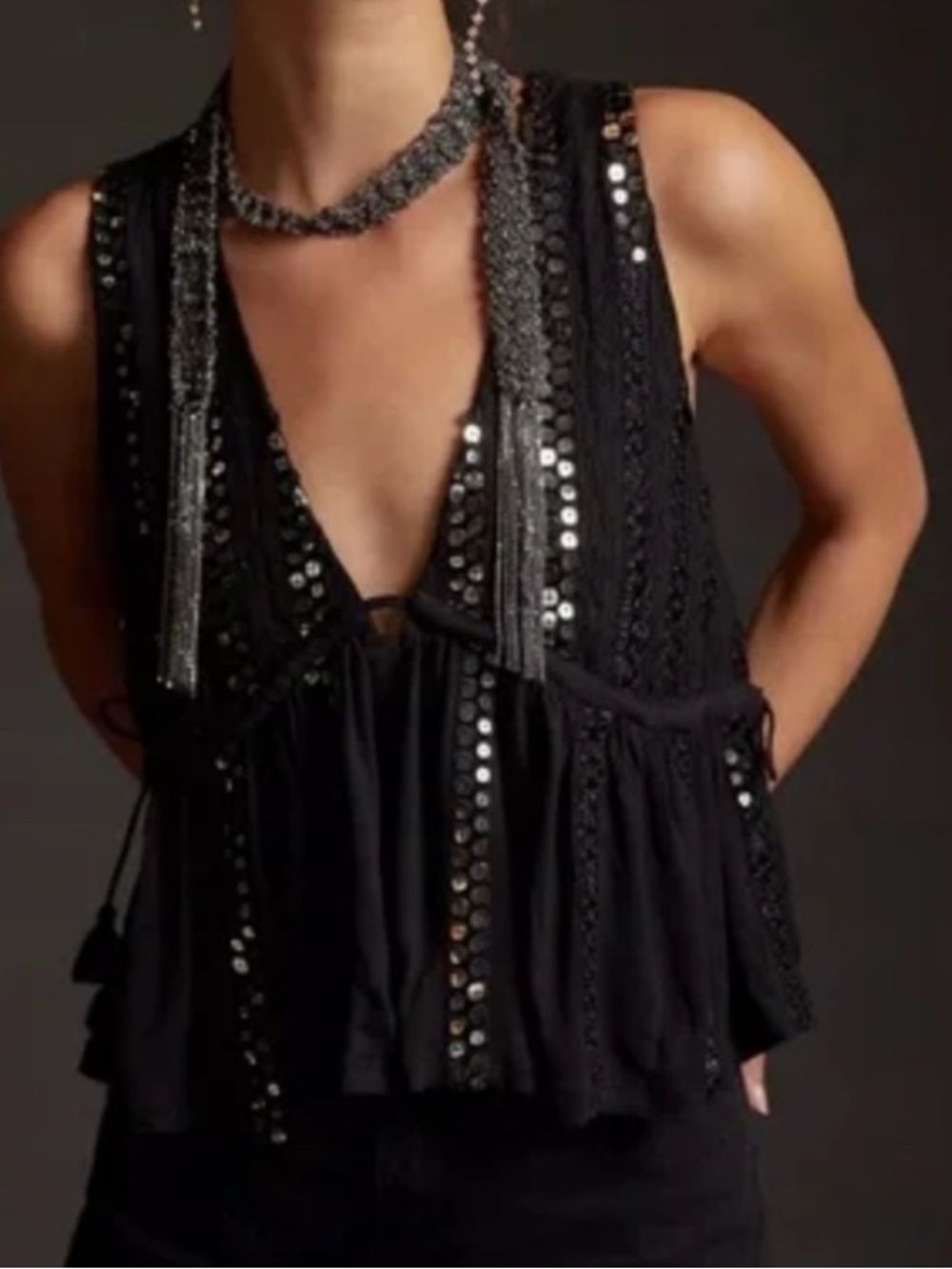 Anthropologie Forever That Girl sequined v-neck tank top with side tassels xs